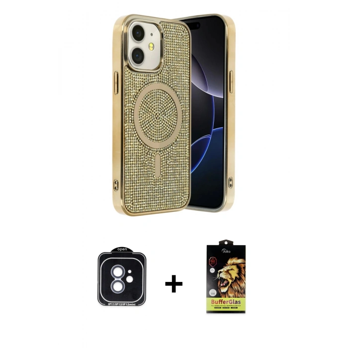 MARSİLYAN™- iPhone 11 Kılıf Eksen Çizgi - Siyah Buffer Cam Ekran Koruyucu + PVD Metal Kamera Lens - MI
