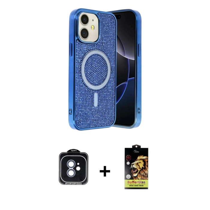 MARSİLYAN™- iPhone 11 Kılıf Eksen Çizgi - Siyah Buffer Cam Ekran Koruyucu + PVD Metal Kamera Lens - MI