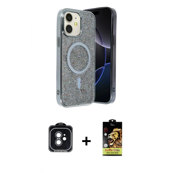 MARSİLYAN™- iPhone 11 Kılıf Eksen Çizgi - Siyah Buffer Cam Ekran Koruyucu + PVD Metal Kamera Lens - SH