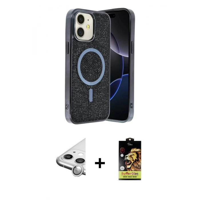MARSİLYAN™- iPhone 11 Kılıf Eksen Çizgi - Siyah Buffer Cam Ekran Koruyucu + Raze Metal Kamera Lens - GS