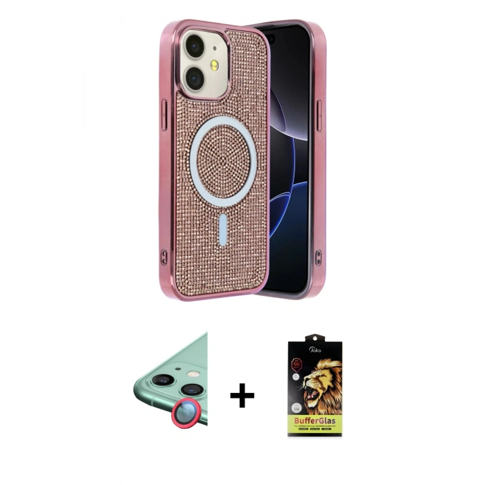 MARSİLYAN™- iPhone 11 Kılıf Eksen Çizgi - Siyah Buffer Cam Ekran Koruyucu + Raze Metal Kamera Lens - KI