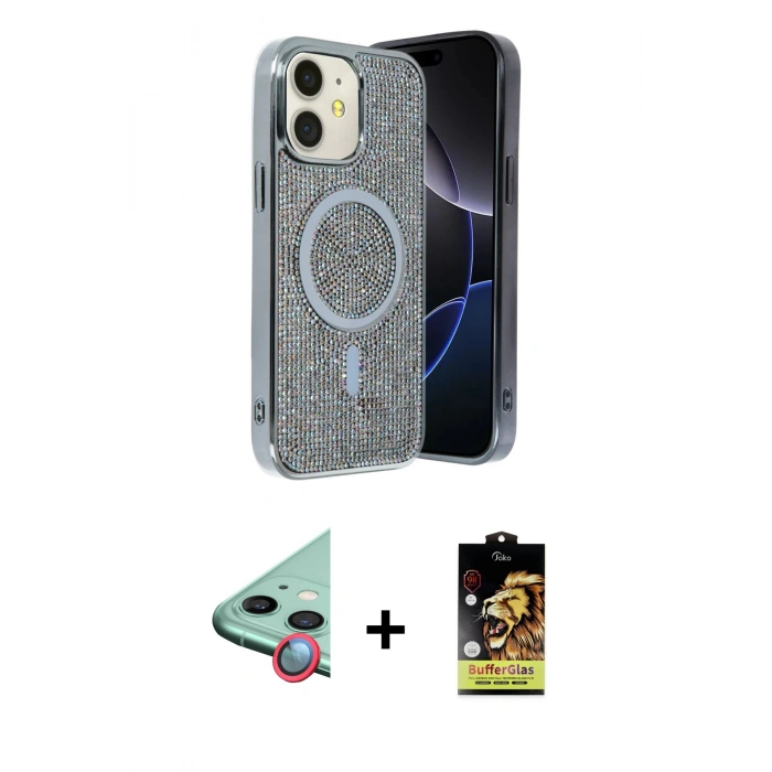 MARSİLYAN™- iPhone 11 Kılıf Eksen Çizgi - Siyah Buffer Cam Ekran Koruyucu + Raze Metal Kamera Lens - KI