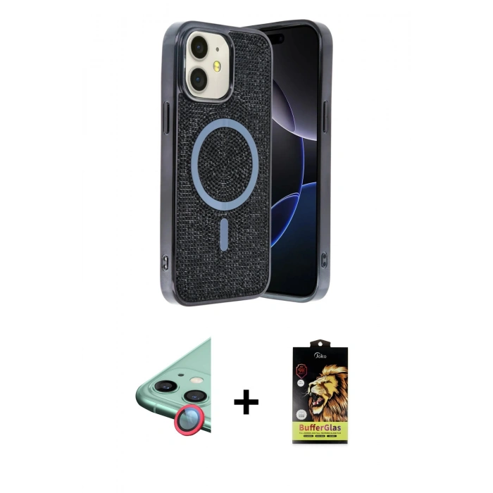 MARSİLYAN™- iPhone 11 Kılıf Eksen Çizgi - Siyah Buffer Cam Ekran Koruyucu + Raze Metal Kamera Lens - KI