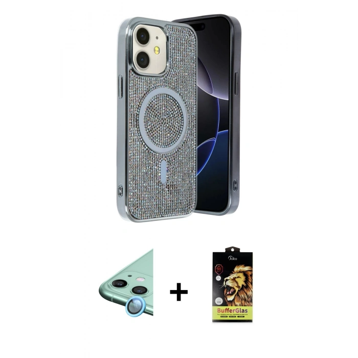 MARSİLYAN™- iPhone 11 Kılıf Eksen Çizgi - Siyah Buffer Cam Ekran Koruyucu + Raze Metal Kamera Lens - MI