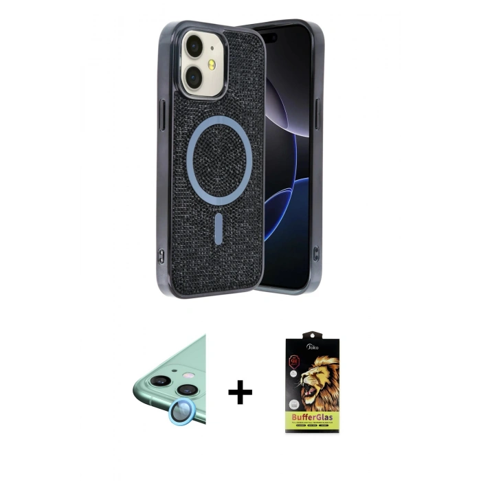 MARSİLYAN™- iPhone 11 Kılıf Eksen Çizgi - Siyah Buffer Cam Ekran Koruyucu + Raze Metal Kamera Lens - MI