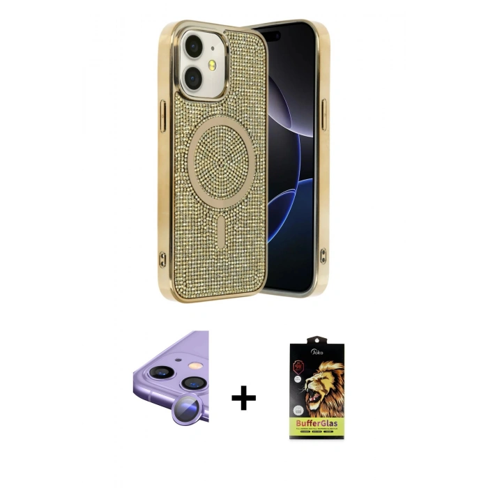 MARSİLYAN™- iPhone 11 Kılıf Eksen Çizgi - Siyah Buffer Cam Ekran Koruyucu + Raze Metal Kamera Lens - MR