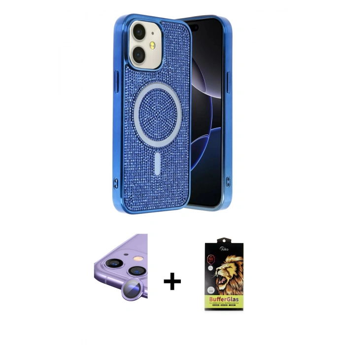 MARSİLYAN™- iPhone 11 Kılıf Eksen Çizgi - Siyah Buffer Cam Ekran Koruyucu + Raze Metal Kamera Lens - MR