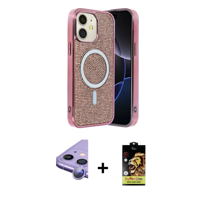 MARSİLYAN™- iPhone 11 Kılıf Eksen Çizgi - Siyah Buffer Cam Ekran Koruyucu + Raze Metal Kamera Lens - MR