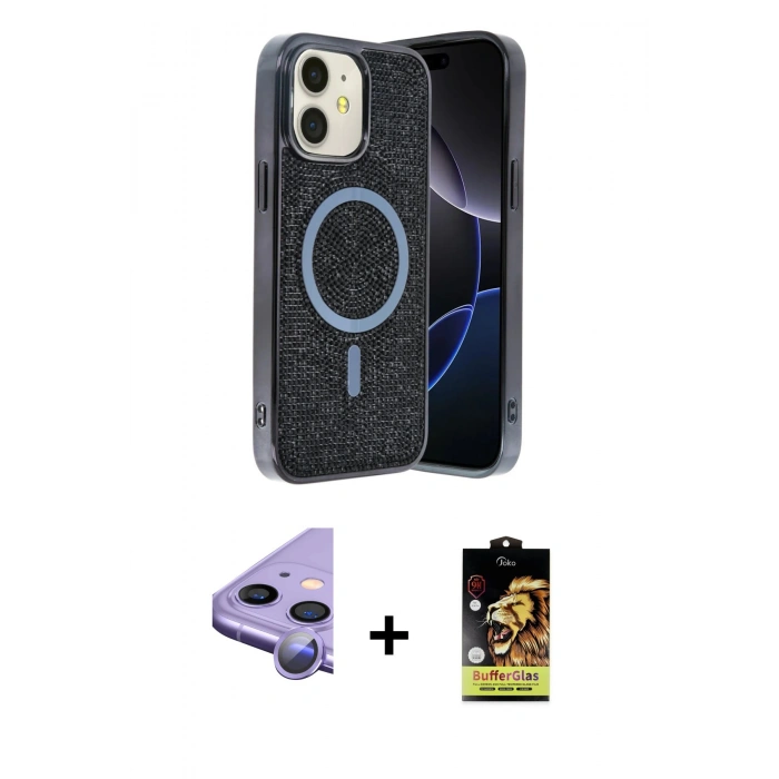 MARSİLYAN™- iPhone 11 Kılıf Eksen Çizgi - Siyah Buffer Cam Ekran Koruyucu + Raze Metal Kamera Lens - MR