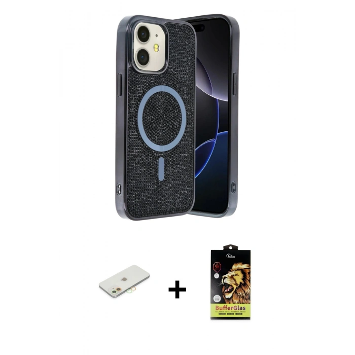 MARSİLYAN™- iPhone 11 Kılıf Eksen Çizgi - Siyah Buffer Cam Ekran Koruyucu + Renkli Kamera Lens Koruma Cam - TU