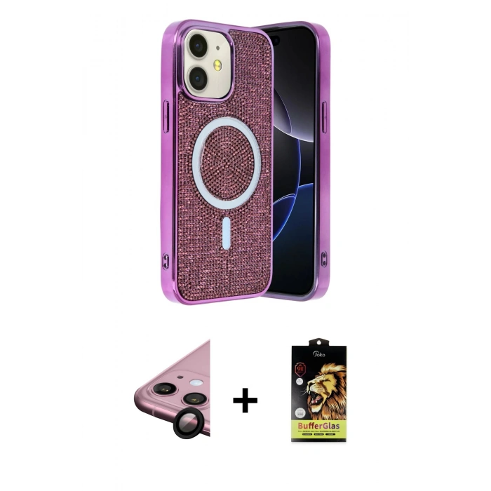 MARSİLYAN™- iPhone 11 Kılıf Eksen Çizgi - Siyah Buffer Cam Ekran Koruyucu + Raze Metal Kamera Lens - SH