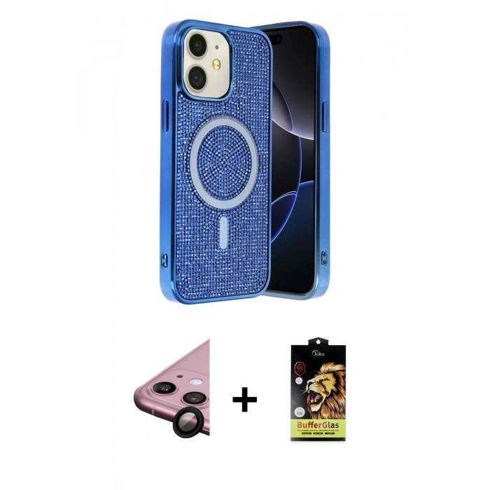 MARSİLYAN™- iPhone 11 Kılıf Eksen Çizgi - Siyah Buffer Cam Ekran Koruyucu + Raze Metal Kamera Lens - SH