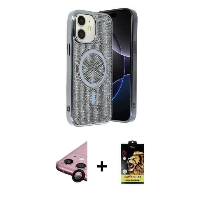 MARSİLYAN™- iPhone 11 Kılıf Eksen Çizgi - Siyah Buffer Cam Ekran Koruyucu + Raze Metal Kamera Lens - SH