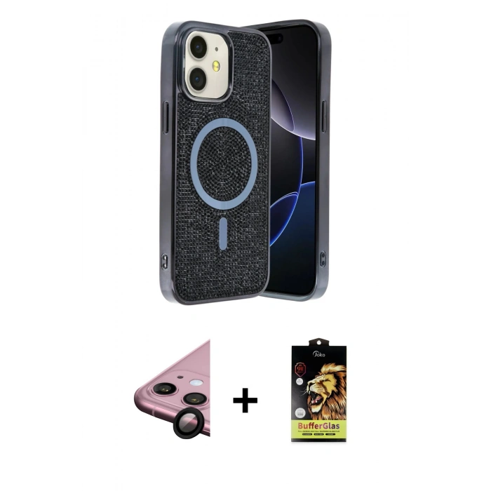 MARSİLYAN™- iPhone 11 Kılıf Eksen Çizgi - Siyah Buffer Cam Ekran Koruyucu + Raze Metal Kamera Lens - SH