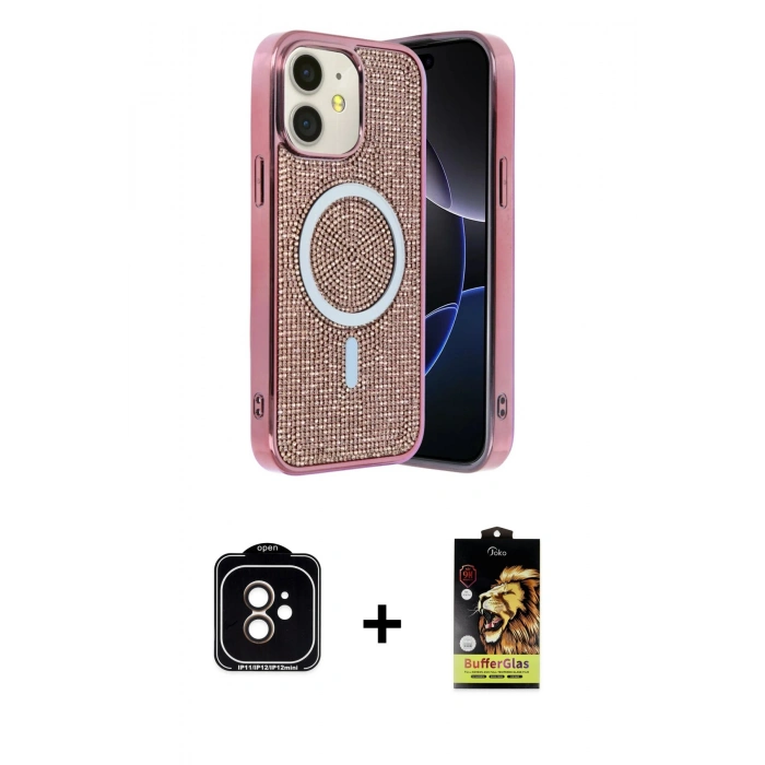 MARSİLYAN™- iPhone 11 Kılıf Eksen Çizgi - Siyah Buffer Cam Ekran Koruyucu + Turuncu PVD Metal Kamera Lens