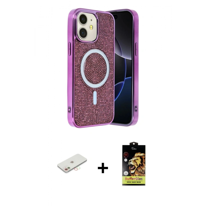 MARSİLYAN™- iPhone 11 Kılıf Eksen Çizgi - Siyah Buffer Cam Ekran Koruyucu + Renkli Kamera Lens Koruma Cam - YL