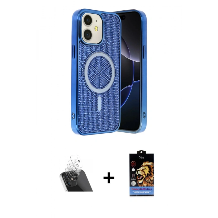 MARSİLYAN™- iPhone 11 Kılıf Eksen Çizgi - Siyah Buffer Hayalet Cam Ekran Koruyucu + Kamera Lens Koruma Cam - SF