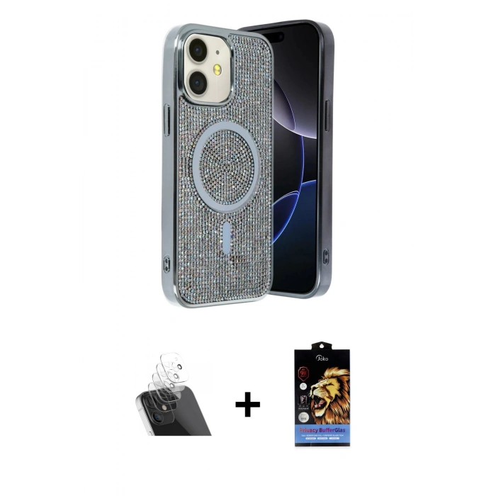 MARSİLYAN™- iPhone 11 Kılıf Eksen Çizgi - Siyah Buffer Hayalet Cam Ekran Koruyucu + Kamera Lens Koruma Cam - SF