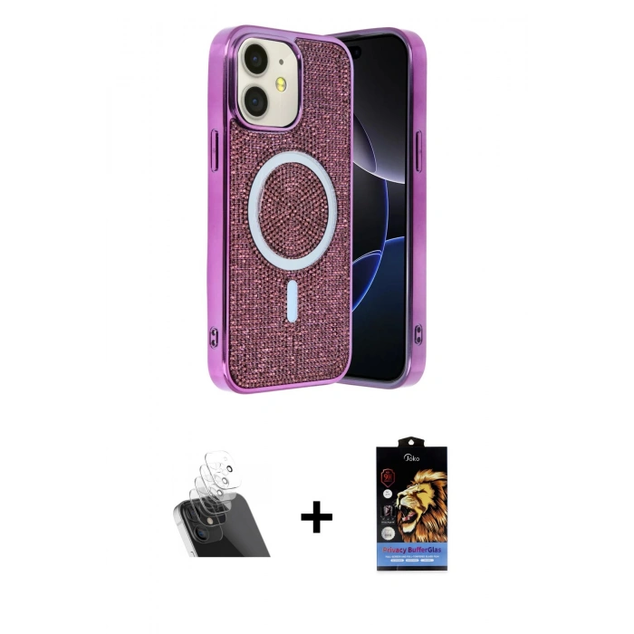MARSİLYAN™- iPhone 11 Kılıf Eksen Çizgi - Siyah Buffer Hayalet Cam Ekran Koruyucu + Kamera Lens Koruma Cam - SF