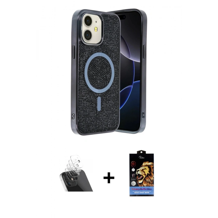 MARSİLYAN™- iPhone 11 Kılıf Eksen Çizgi - Siyah Buffer Hayalet Cam Ekran Koruyucu + Kamera Lens Koruma Cam - SF