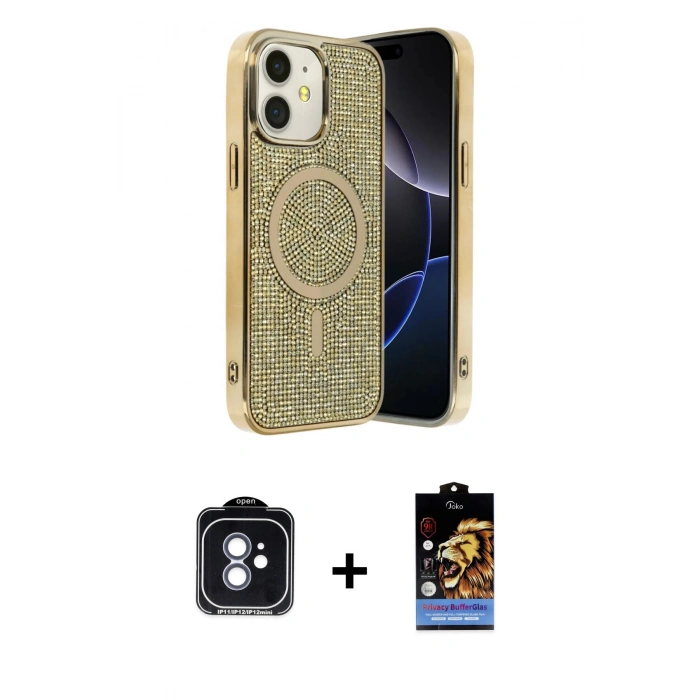 MARSİLYAN™- iPhone 11 Kılıf Eksen Çizgi - Siyah Buffer Hayalet Cam Ekran Koruyucu + PVD Metal Kamera Lens - MI