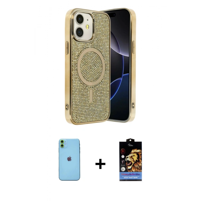MARSİLYAN™- iPhone 11 Kılıf Eksen Çizgi - Siyah Buffer Hayalet Cam Ekran Koruyucu + Neon Fosforlu Kamera Lens - YL