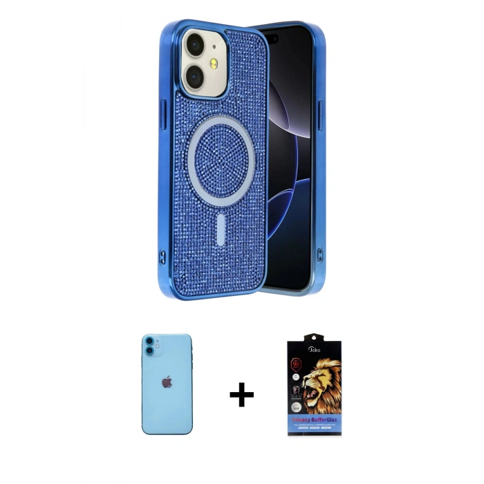 MARSİLYAN™- iPhone 11 Kılıf Eksen Çizgi - Siyah Buffer Hayalet Cam Ekran Koruyucu + Neon Fosforlu Kamera Lens - MI
