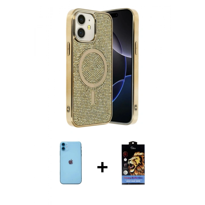 MARSİLYAN™- iPhone 11 Kılıf Eksen Çizgi - Siyah Buffer Hayalet Cam Ekran Koruyucu + Neon Fosforlu Kamera Lens - MI