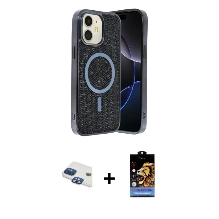 MARSİLYAN™- iPhone 11 Kılıf Eksen Çizgi - Siyah Buffer Hayalet Cam Ekran Koruyucu + Pers Alüminyum Kamera Lens - LT