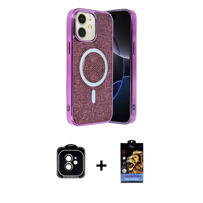 MARSİLYAN™- iPhone 11 Kılıf Eksen Çizgi - Siyah Buffer Hayalet Cam Ekran Koruyucu + PVD Metal Kamera Lens - TU
