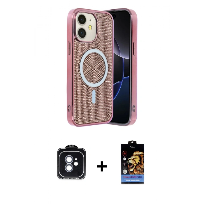 MARSİLYAN™- iPhone 11 Kılıf Eksen Çizgi - Siyah Buffer Hayalet Cam Ekran Koruyucu + PVD Metal Kamera Lens - MI