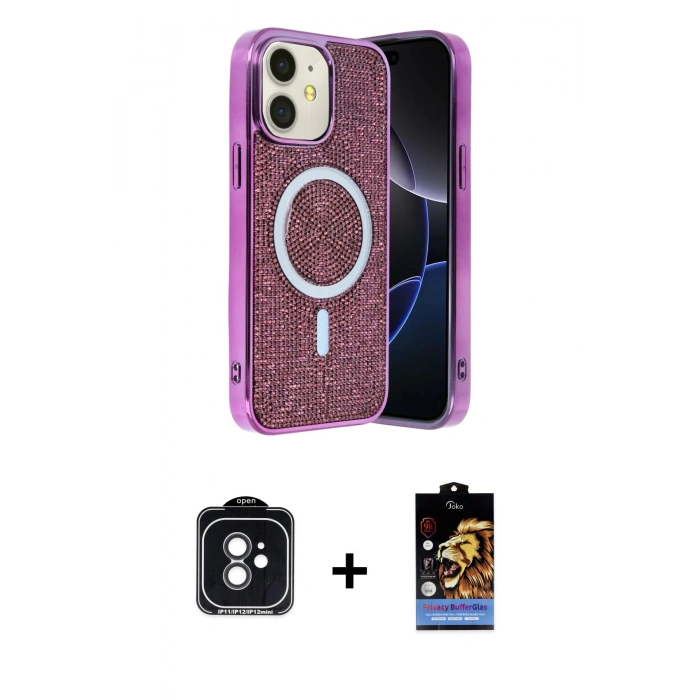 MARSİLYAN™- iPhone 11 Kılıf Eksen Çizgi - Siyah Buffer Hayalet Cam Ekran Koruyucu + PVD Metal Kamera Lens - SH