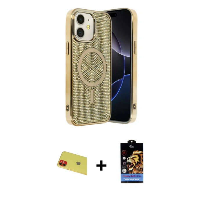 MARSİLYAN™- iPhone 11 Kılıf Eksen Çizgi - Siyah Buffer Hayalet Cam Ekran Koruyucu + Rainbow Kamera Lens Koruma Cam - KI