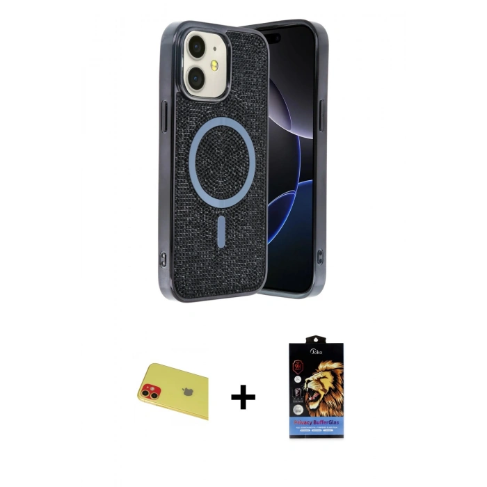 MARSİLYAN™- iPhone 11 Kılıf Eksen Çizgi - Siyah Buffer Hayalet Cam Ekran Koruyucu + Rainbow Kamera Lens Koruma Cam - KI