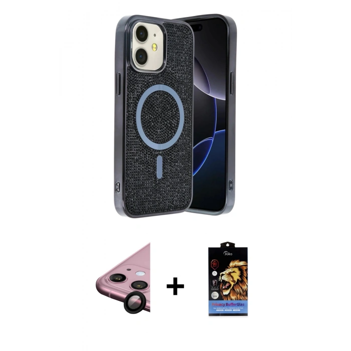 MARSİLYAN™- iPhone 11 Kılıf Eksen Çizgi - Siyah Buffer Hayalet Cam Ekran Koruyucu + Raze Metal Kamera Lens - SH