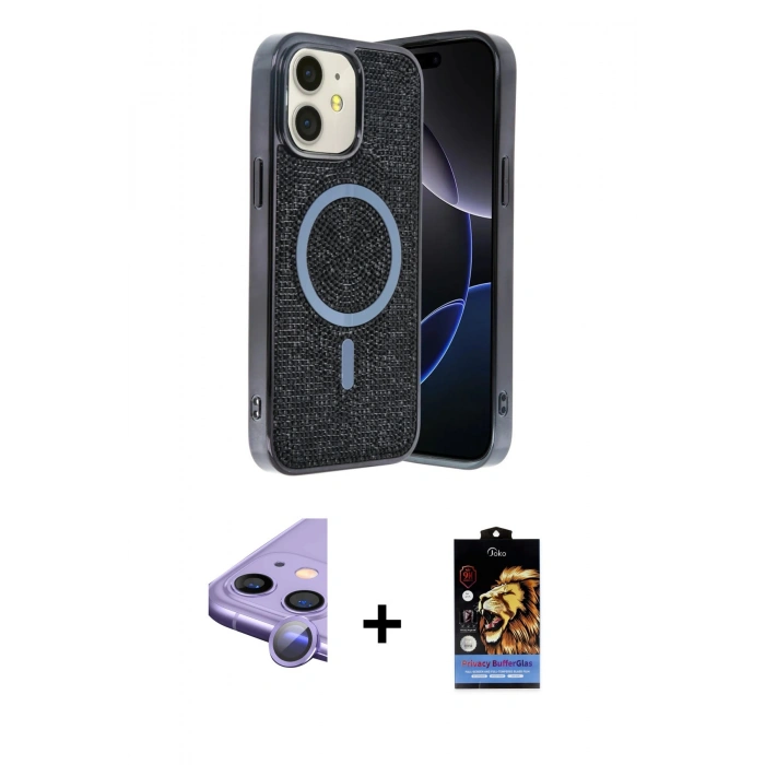 MARSİLYAN™- iPhone 11 Kılıf Eksen Çizgi - Siyah Buffer Hayalet Cam Ekran Koruyucu + Raze Metal Kamera Lens - MR