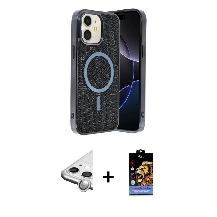 MARSİLYAN™- iPhone 11 Kılıf Eksen Çizgi - Siyah Buffer Hayalet Cam Ekran Koruyucu + Raze Metal Kamera Lens - GS