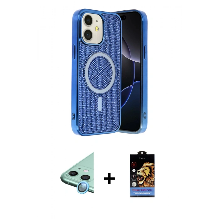 MARSİLYAN™- iPhone 11 Kılıf Eksen Çizgi - Siyah Buffer Hayalet Cam Ekran Koruyucu + Raze Metal Kamera Lens - MI