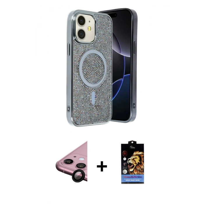 MARSİLYAN™- iPhone 11 Kılıf Eksen Çizgi - Siyah Buffer Hayalet Cam Ekran Koruyucu + Raze Metal Kamera Lens - SH