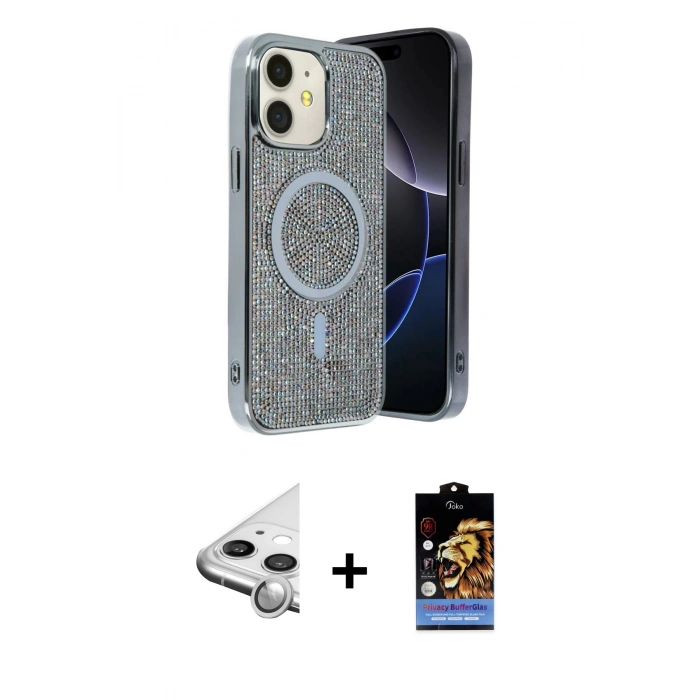 MARSİLYAN™- iPhone 11 Kılıf Eksen Çizgi - Siyah Buffer Hayalet Cam Ekran Koruyucu + Raze Metal Kamera Lens - GS