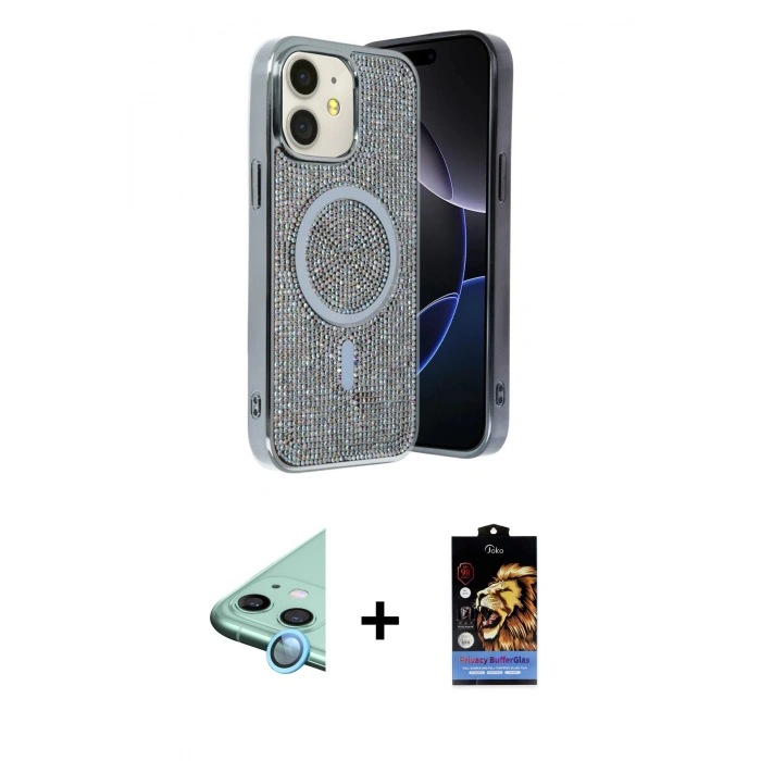 MARSİLYAN™- iPhone 11 Kılıf Eksen Çizgi - Siyah Buffer Hayalet Cam Ekran Koruyucu + Raze Metal Kamera Lens - MI