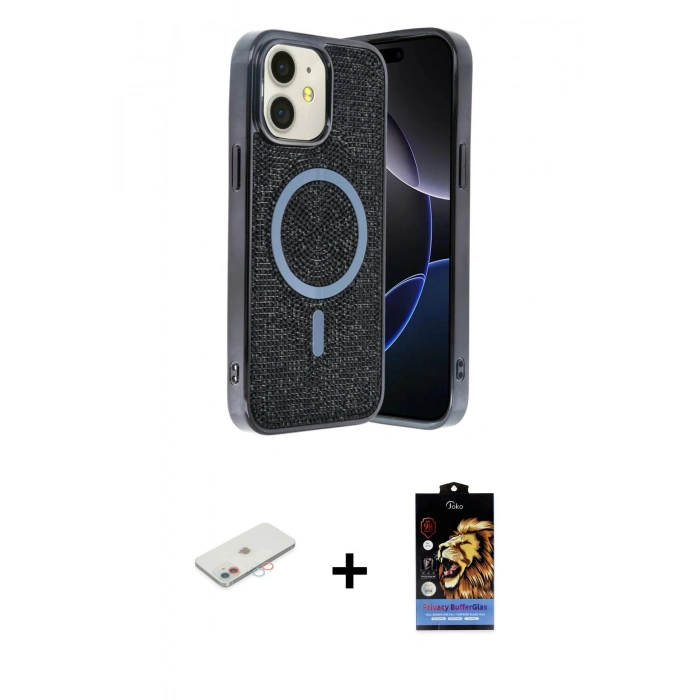 MARSİLYAN™- iPhone 11 Kılıf Eksen Çizgi - Siyah Buffer Hayalet Cam Ekran Koruyucu + Renkli Kamera Lens Koruma Cam - PE
