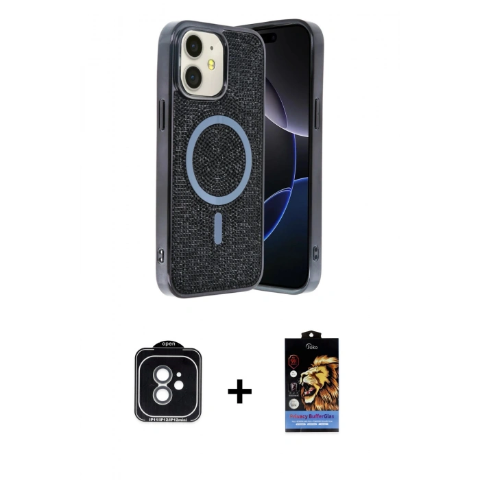 MARSİLYAN™- iPhone 11 Kılıf Eksen Çizgi - Siyah Buffer Hayalet Cam Ekran Koruyucu + Yeşil PVD Metal Kamera Lens