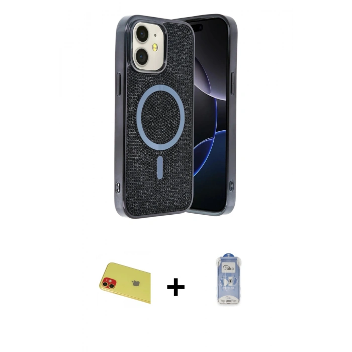 MARSİLYAN™- iPhone 11 Kılıf Eksen Çizgi - Siyah Joko Magic 5D Cam + Rainbow Kamera Lens Koruma Cam - KI