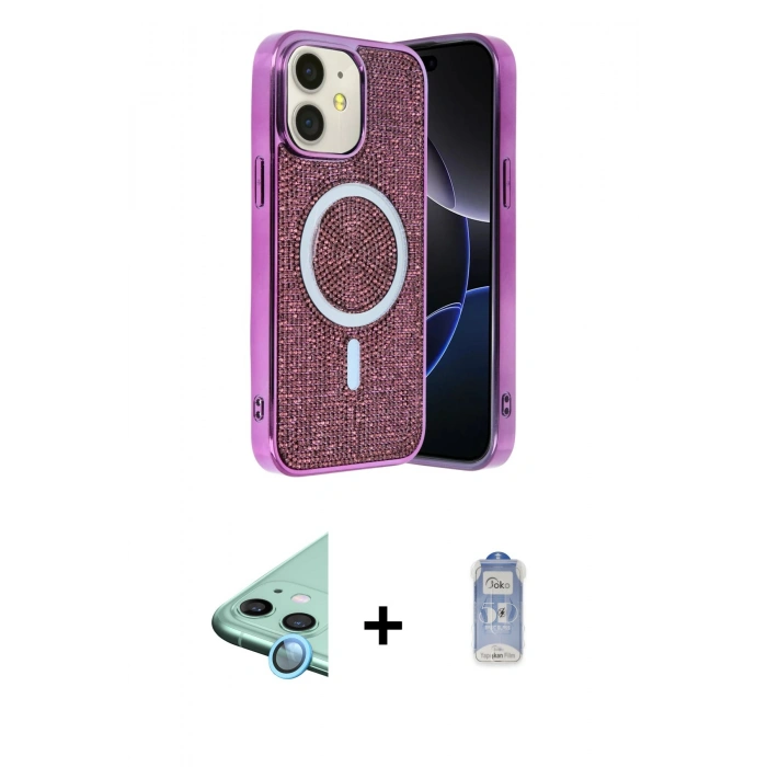 MARSİLYAN™- iPhone 11 Kılıf Eksen Çizgi - Siyah Joko Magic 5D Cam + Mavi Raze Metal Kamera Lens