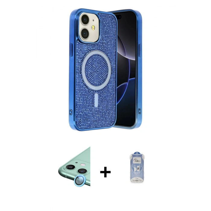 MARSİLYAN™- iPhone 11 Kılıf Eksen Çizgi - Siyah Joko Magic 5D Cam + Mavi Raze Metal Kamera Lens
