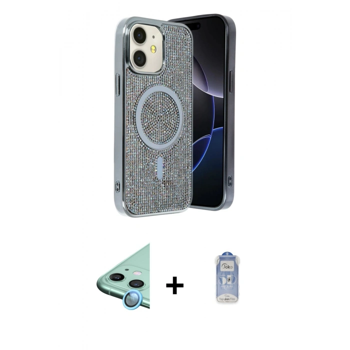 MARSİLYAN™- iPhone 11 Kılıf Eksen Çizgi - Siyah Joko Magic 5D Cam + Mavi Raze Metal Kamera Lens
