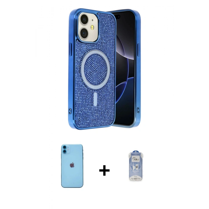 MARSİLYAN™- iPhone 11 Kılıf Eksen Çizgi - Siyah Joko Magic 5D Cam + Neon Fosforlu Kamera Lens - MI