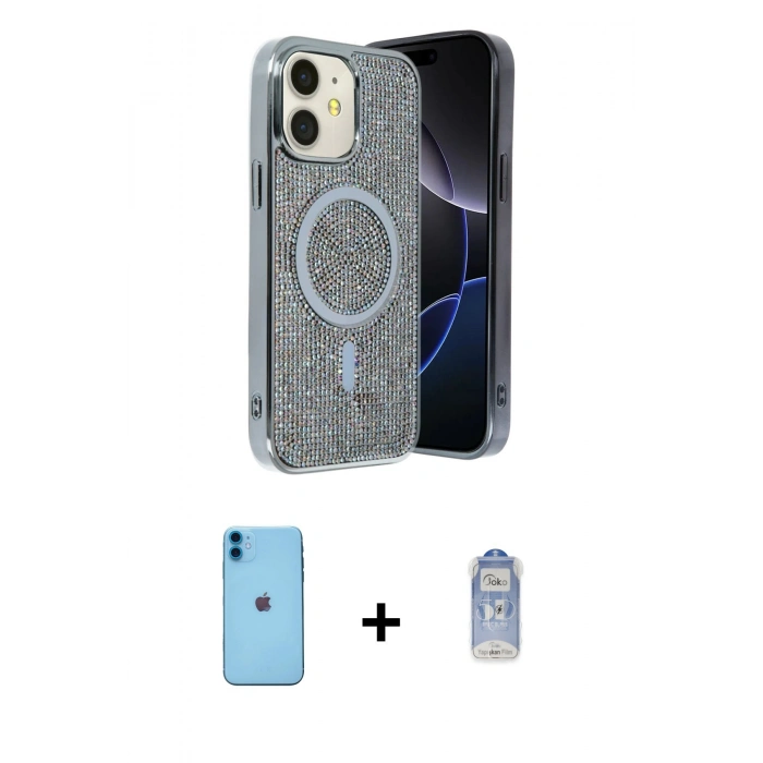 MARSİLYAN™- iPhone 11 Kılıf Eksen Çizgi - Siyah Joko Magic 5D Cam + Neon Fosforlu Kamera Lens - MI