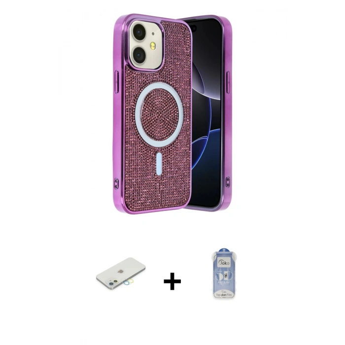 MARSİLYAN™- iPhone 11 Kılıf Eksen Çizgi - Siyah Joko Magic 5D Cam + Sarı Renkli Kamera Lens Koruma Cam